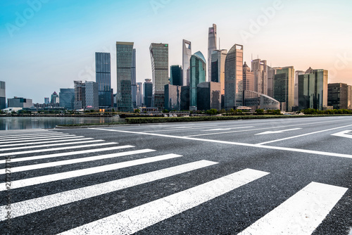 Photography Empty Asphalt Road Through Modern City of Shanghai, China..