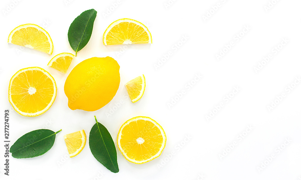 lemon isolated on white background with copy space.Lemon sliced with. leaves