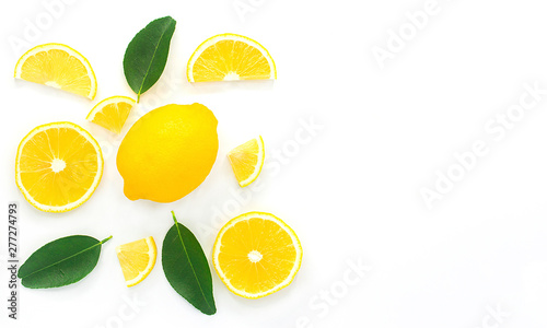 lemon isolated on white background with copy space.Lemon sliced with. leaves
