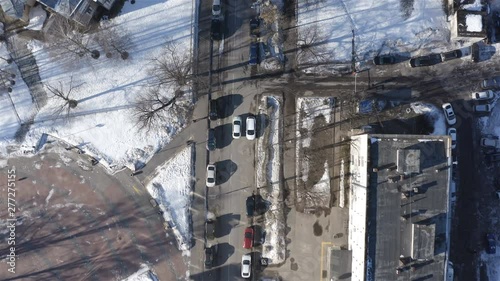 Aerial filming traffic on the central city street.