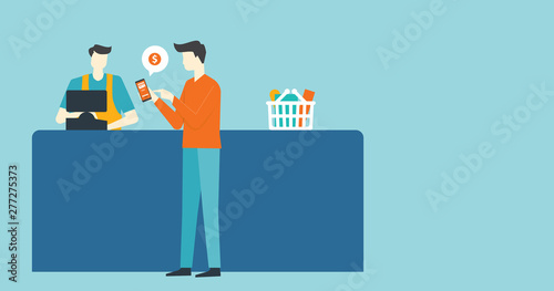 flat vector design business people use mobile payment with cashier concept