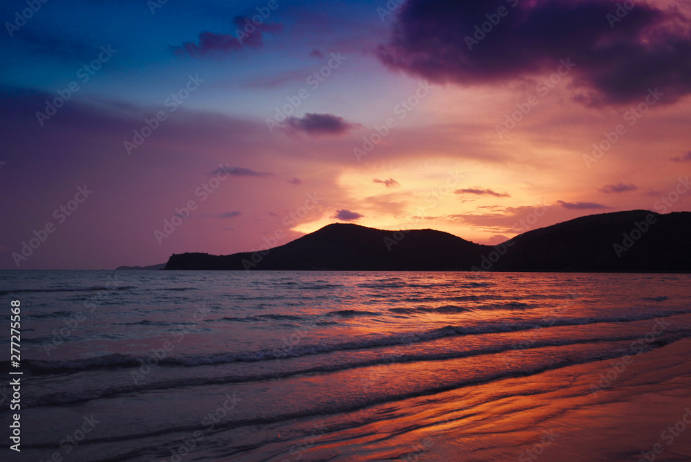 beach sunset silhouette islands beautiful beach sandy on the tropical sea summer colorful orange and blue sky mountain