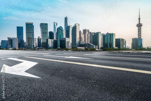 Empty Asphalt Road Through Modern City of Shanghai  China..