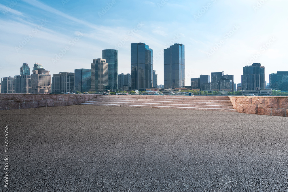 Empty Asphalt Road Through Modern City of Shanghai, China.. Empty Asphalt Road Through Modern City of Shanghai, China..