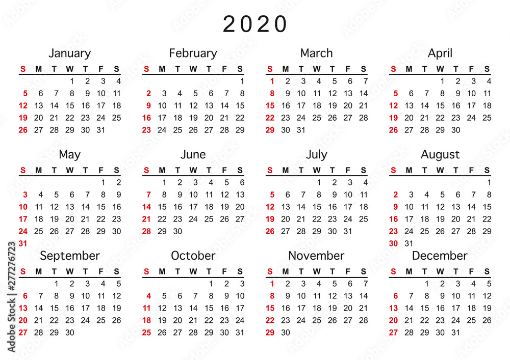 calendar 2020, week starts on Sunday, basic business template. vector illustration calendar 2020, week starts on Sunday, basic business template. vector illustration