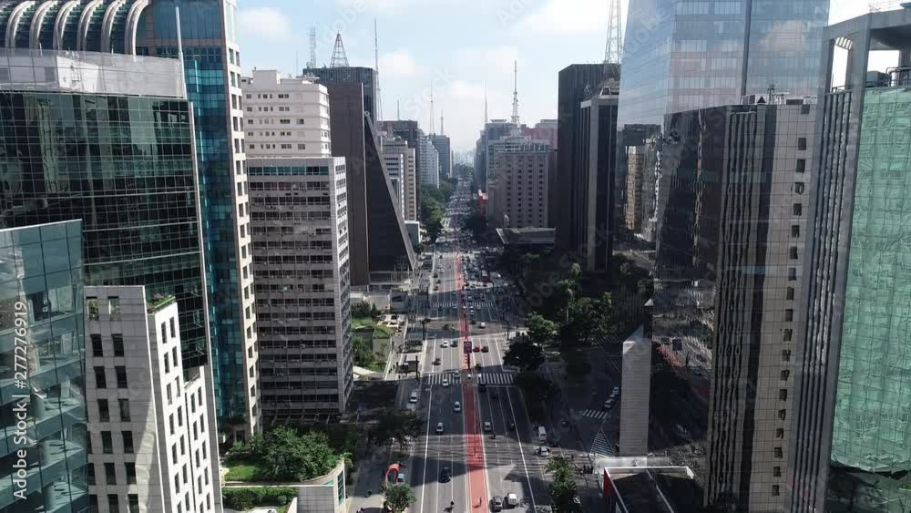 Aerial image made with drone on Avenida Paulista, commercial center of the city of São Paulo, Brazil.