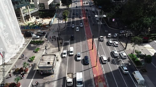 Aerial image made with drone on Avenida Paulista, commercial center of the city of São Paulo, Brazil. photo