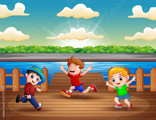 Illustration of three boys running at the port