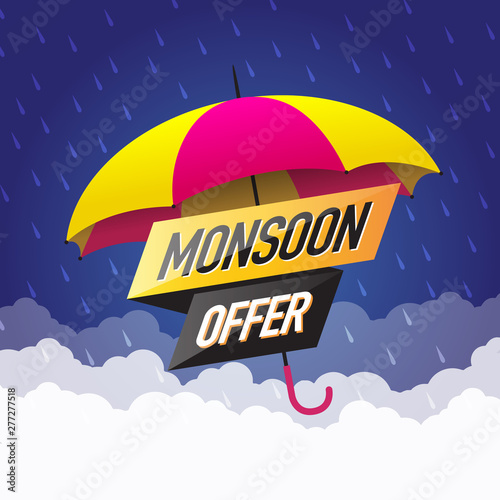Monsoon Sale Offer Concept, Template, Banner, Logo Design, Icon, Poster, Label, Web Header, Background Mnemonic with Umbrella over it. Monsoon season raining drops - Vector, Illustration
