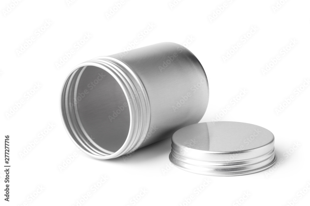 Empty metal can container isolated on white background. Container for tea, cosmetic or food. Empty metal can container isolated on white background. Container for tea, cosmetic or food.