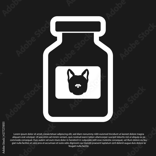 Black Dog medicine bottle icon isolated on black background. Container with pills. Prescription medicine for animal. Vector Illustration