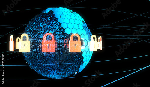 Global digital technology, technology earth, tennis network data communication, lock, security protection