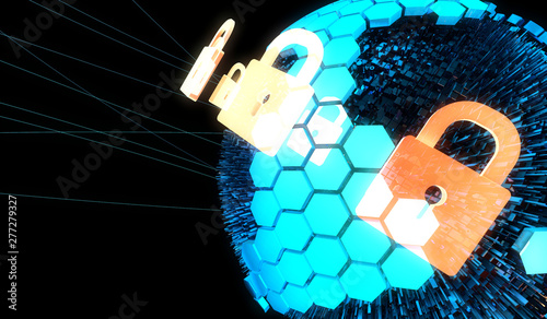Global digital technology, technology earth, tennis network data communication, lock, security protection