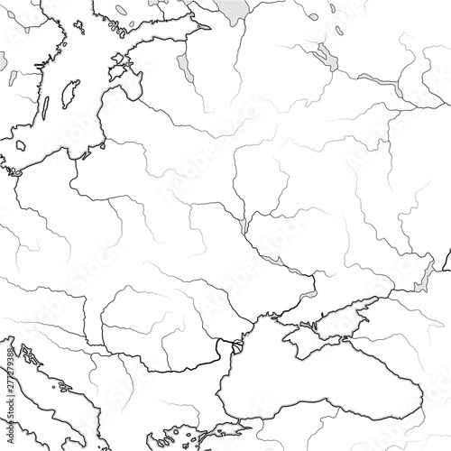 Map of The SLAVIC & BALTIC Lands: Eastern Europe, Kiev Russ, Ukraïne, Moscovia, Scythia, Baltica, Lithuania, Poland, Czechia, Croatia, Yugoslavia, Romania and Hungary. Geographic chart with landscape.