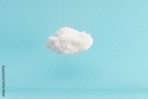 Cloud Hanging on blue room background. minimal idea concept. 3D render.