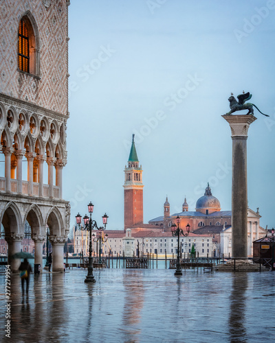 Piazza San Marco at dusk  view on venetian lion and san giorgio maggiore  Vinice  Italy