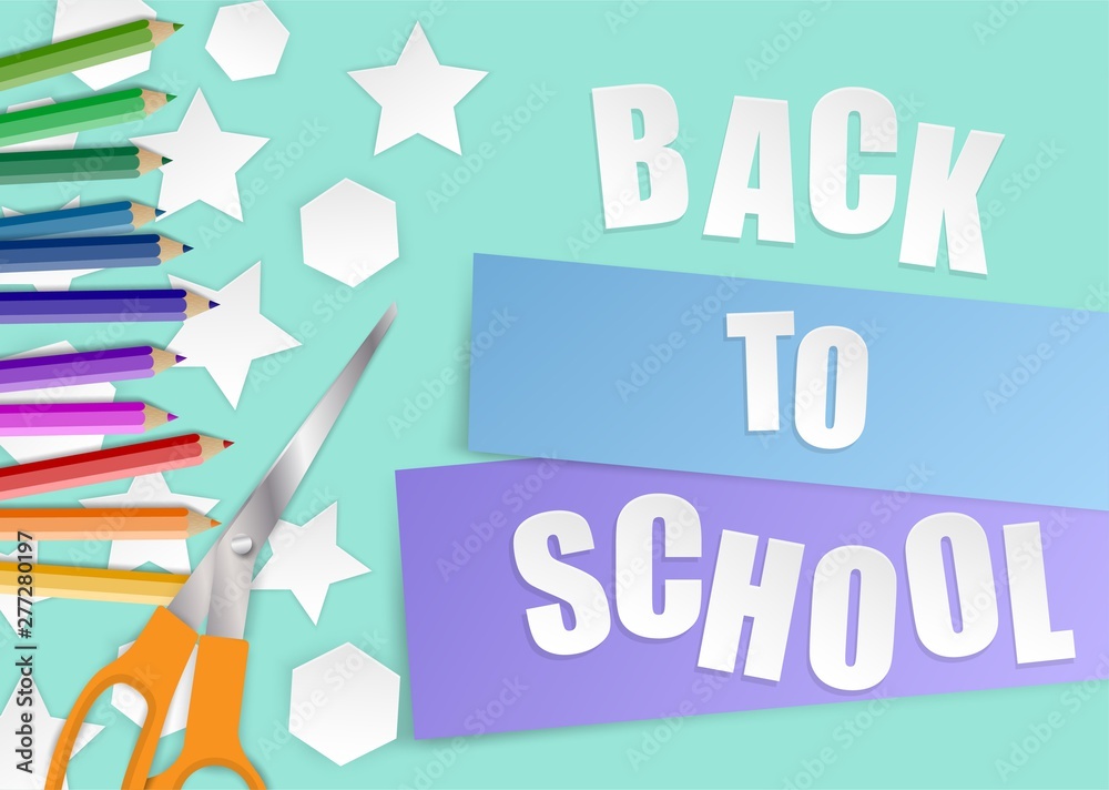 Back to school. design with colorful pencils,notebook paper and Scissors, light and shadows. Vector Back to school. design with colorful pencils,notebook paper and Scissors, light and shadows. Vector