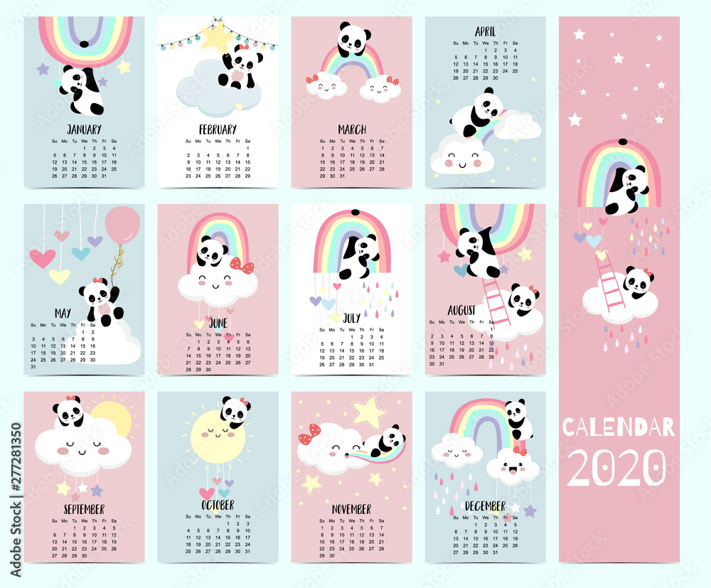Animal calendar 2020 with panda,bear,rainbow for children.Monthly calendar can be used for printable graphic and website.Editable element