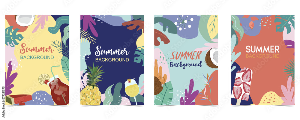 Green orange blue summer postcard with flower,juice,pineapple,watermelon