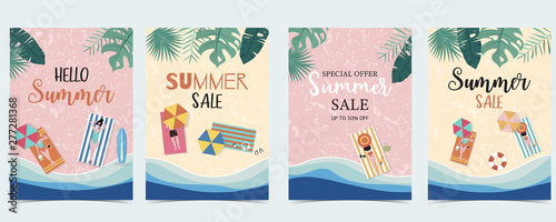 Summer sale background with tiny people,umbrellas, ball,swim ring,sunglasses,surfboard,hat,sandals in the top view beach.Vector summer banner