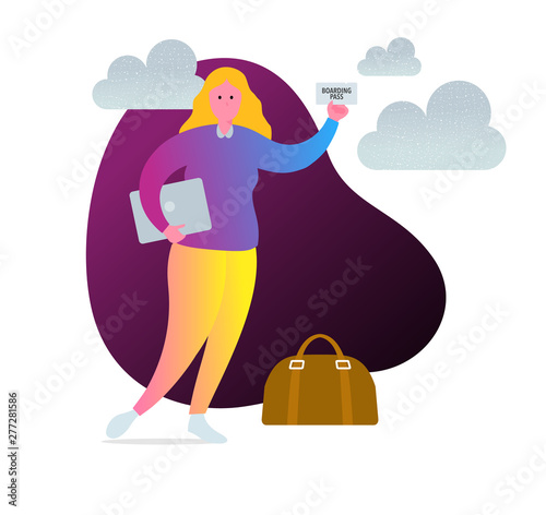 Digital nomad girl holding laptop and airplane boarding pass.