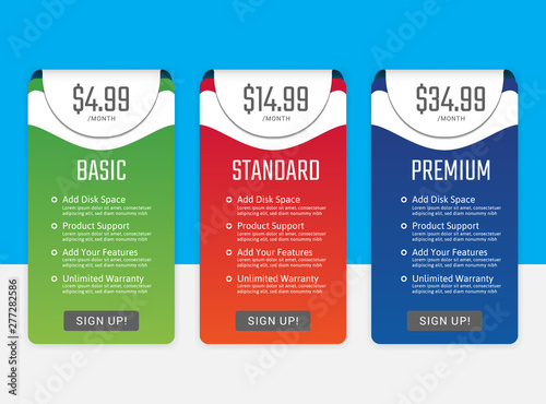 Pricing table in flat design style for your app's websites and applications.Hosting table banner.eps10 