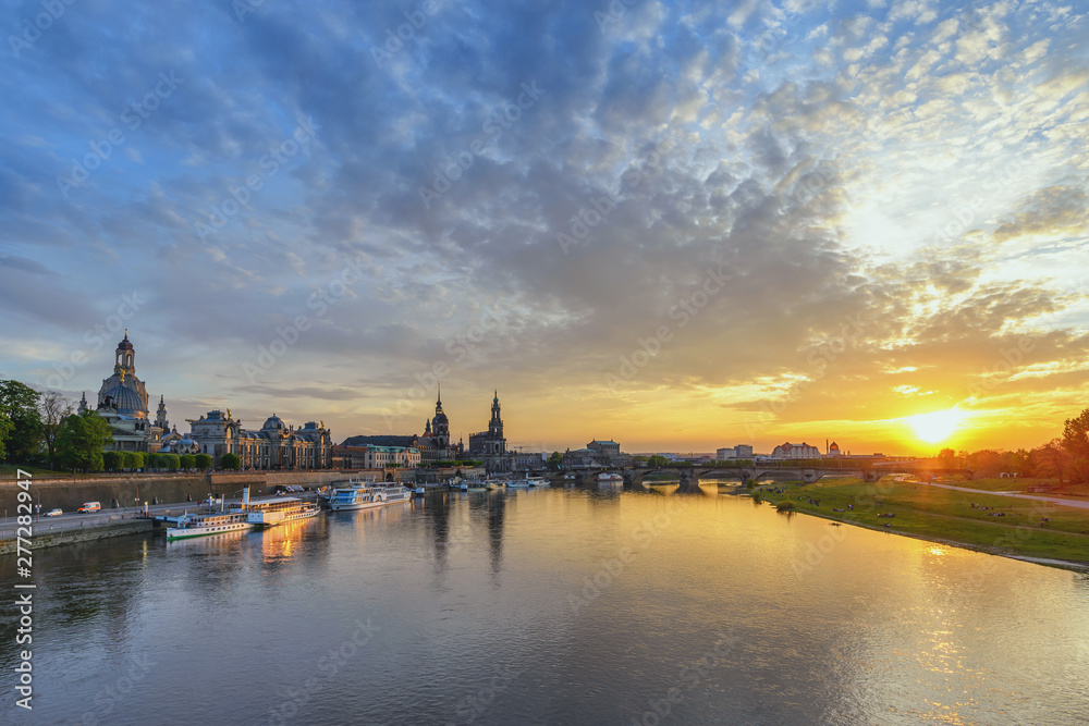 Dresden Germany, sunset city skyline at Elbe River