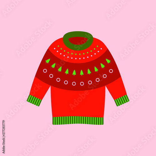 illustration of a red Christmas sweater on the pink background
