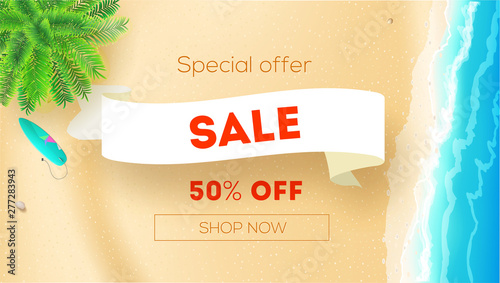 Sale, get up to 50 percent discount. Seashore with palm, surfboard on yellow sand, sea surf. Banner for actions of summer sale. Vector template, 3d illustration