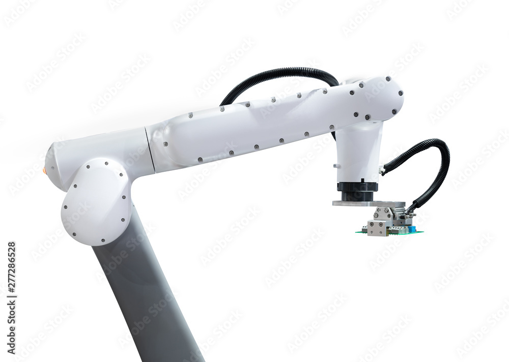 Robotic picked printed circuit board isolated on white background with clipping path Robotic picked printed circuit board isolated on white background with clipping path