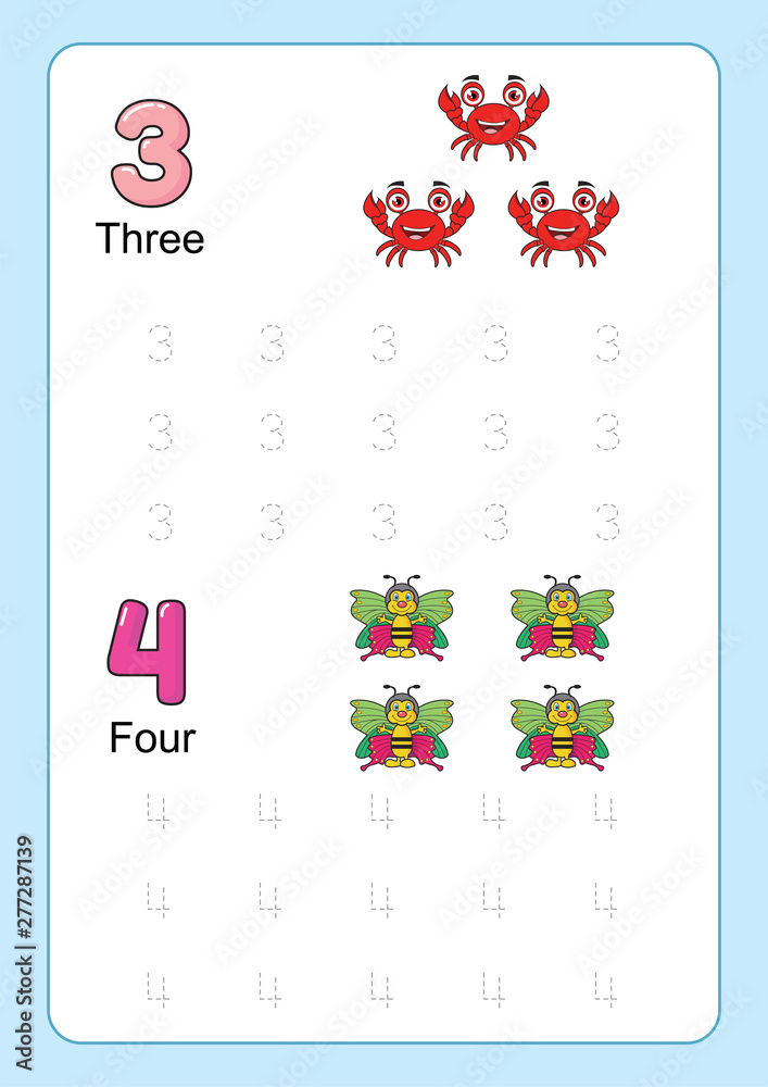 number tracing and writing tracing worksheet for kindergarten learning number with cartoon clipart for counting worksheets free handwriting vector illustration stock vector adobe stock