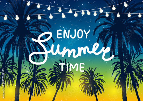Summer  party background with palm trees silhouettes on sunset sky