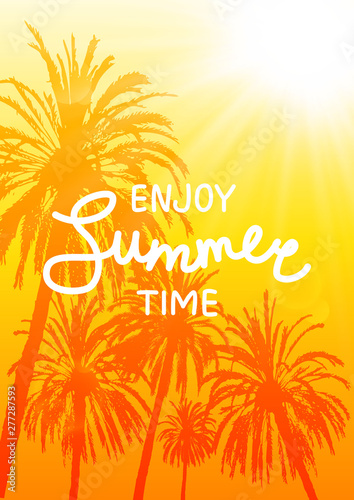 Summer tropical background with palm trees silhouettes on sunny sky