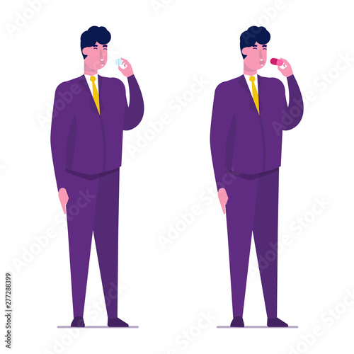 Sick man swallow big pill in his hands. Vector illustration