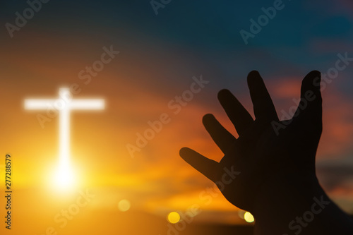 Human hands open palm up worship. Eucharist Therapy Bless God Helping Repent Catholic Easter Lent Mind Pray. Christian Religion concept background.Fighting and victory for god.people prayer at sunset
