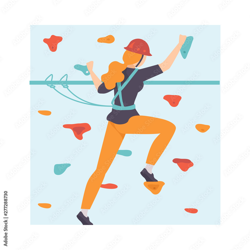 Young Woman Scaling Wall, Woman Climbing in Adventure Park, Hobby, Extreme Sports Vector Illustration