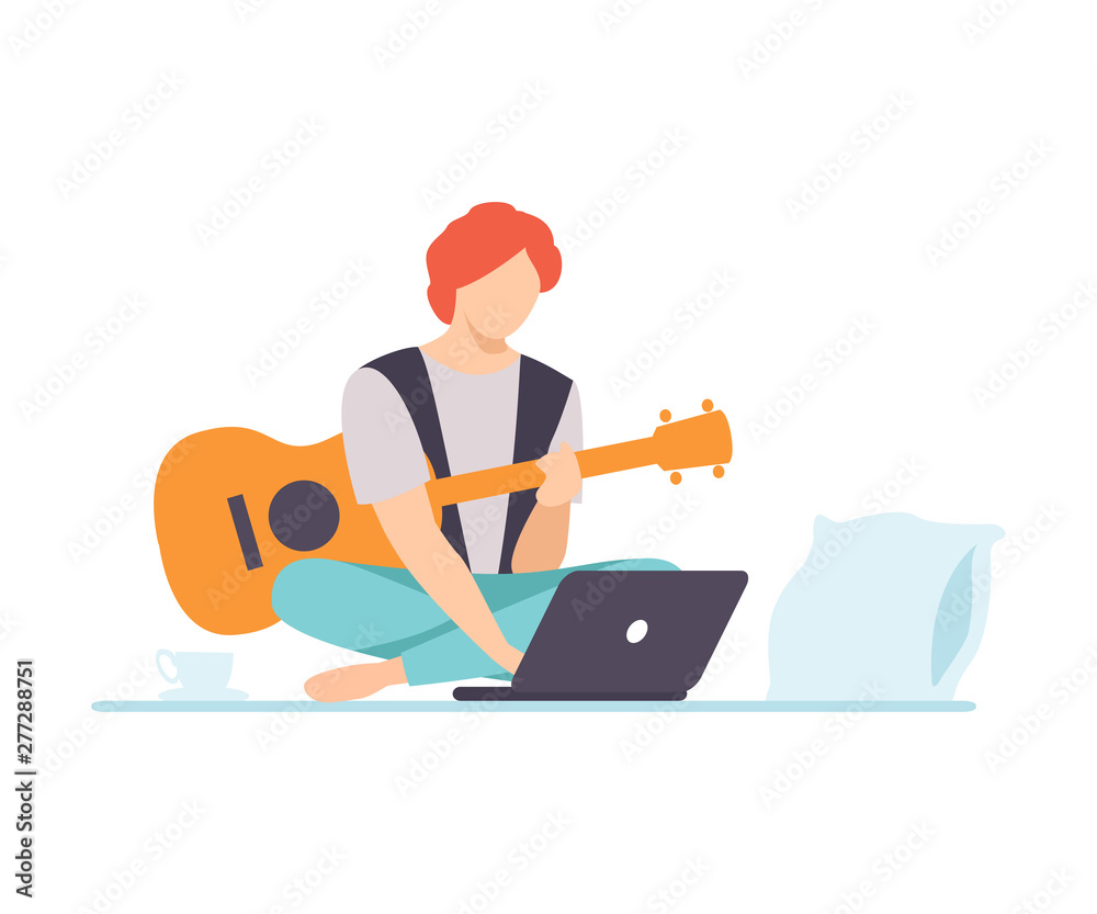 Young Man Playing Guitar, Guy Learning Guitar Through Internet Course Using Laptop Comuter, Online Education, Hobby Vector Illustration