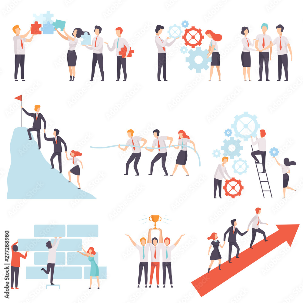 Office Colleagues Working Together Set, Successful Business Team, Teamwork, Cooperation, Partnership Vector Illustration