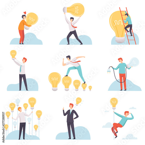 Businessmen with Glowing Light Bulbs Set, Business People Having Good Ideas, Brainstorming, Innovation, Creative Thinking Concept Vector Illustration