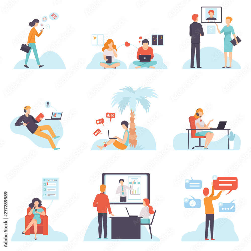 People Communicating Via Internet with Mobile Devices Set, Young Men and Women Chatting, Dating, Writing Emails, Searching for Information, Social Networking Vector Illustration