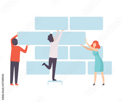 Business Team, Office Colleagues Supporting Brick Wall, People Working Together in Company, Teamwork, Cooperation, Partnership Vector Illustration