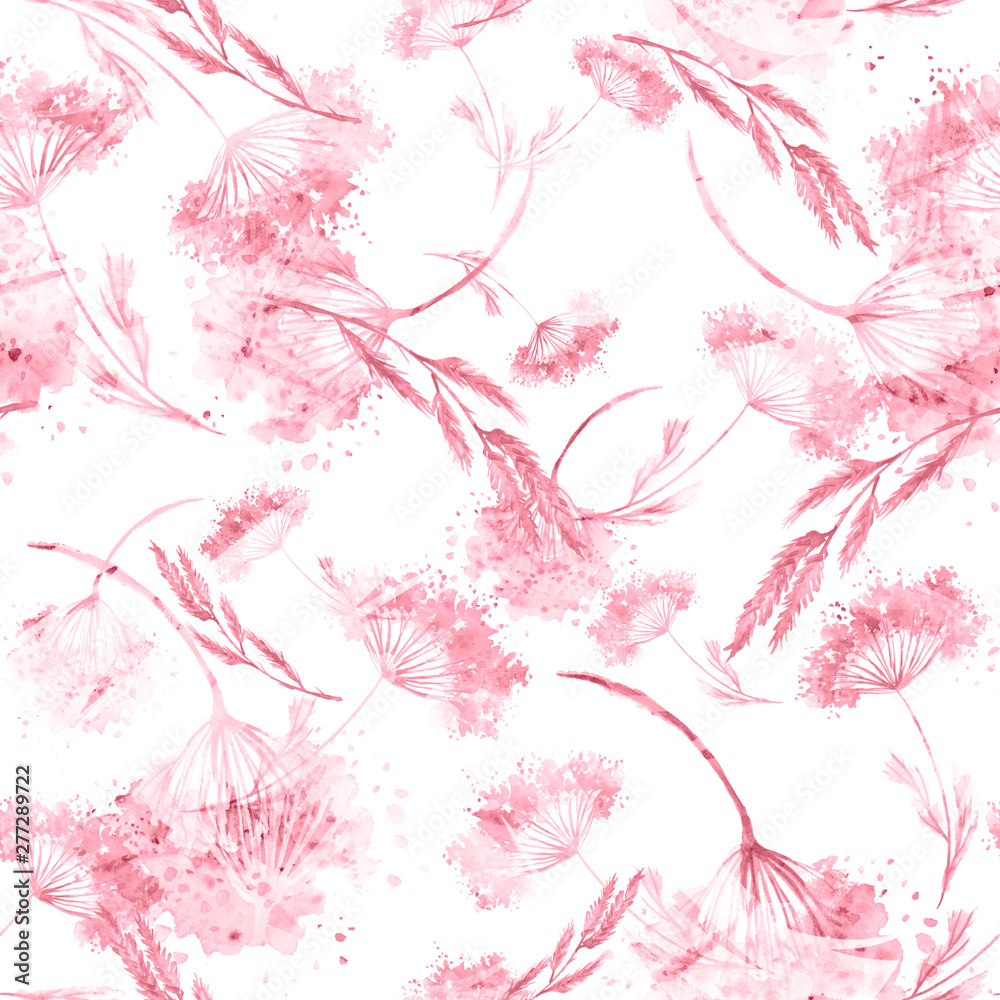 Watercolor seamless pattern, background with a floral pattern. Watercolor background, drawing with autumn with forest flowers, leaves, plants, berries branch. botanical illustration. 