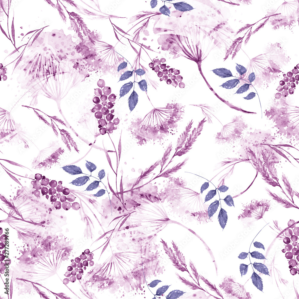 Fototapeta premium Watercolor seamless pattern, background with a floral pattern. Watercolor background, drawing with autumn with forest flowers, leaves, plants, berries branch. botanical illustration. 