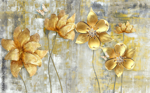 ilustracja 3d, szare tło grunge, duże złote kwiaty na cienkich łodygach