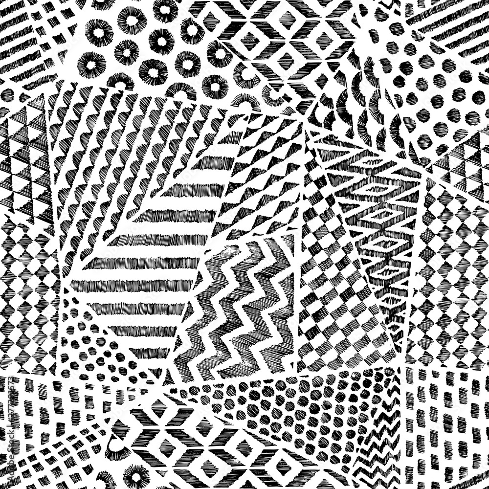 Seamless patchwork pattern. Black and white bohemian print for textiles. Ornament drawn in pencil on paper. Vector illustration. Seamless patchwork pattern. Black and white bohemian print for textiles. Ornament drawn in pencil on paper. Vector illustration.