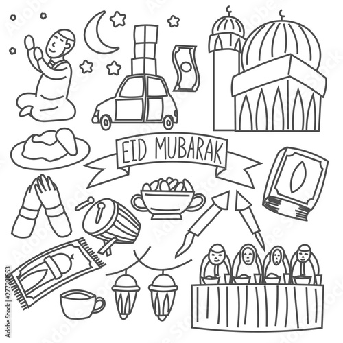 Set of eid mubarak event, doodle, sketch, drawings