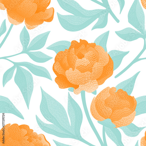 Embroidered flowers on a white background seamless pattern. Print for textiles hand-drawn peonies. Vector illustration.