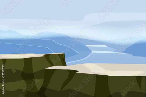 Mountain landscape plateau rock. Rocks hills river fjord sea horizon space parallax panorama