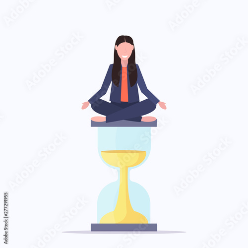 businesswoman sitting on sand watch time management deadline concept business woman meditating yoga lotus pose flat full length vector illustration
