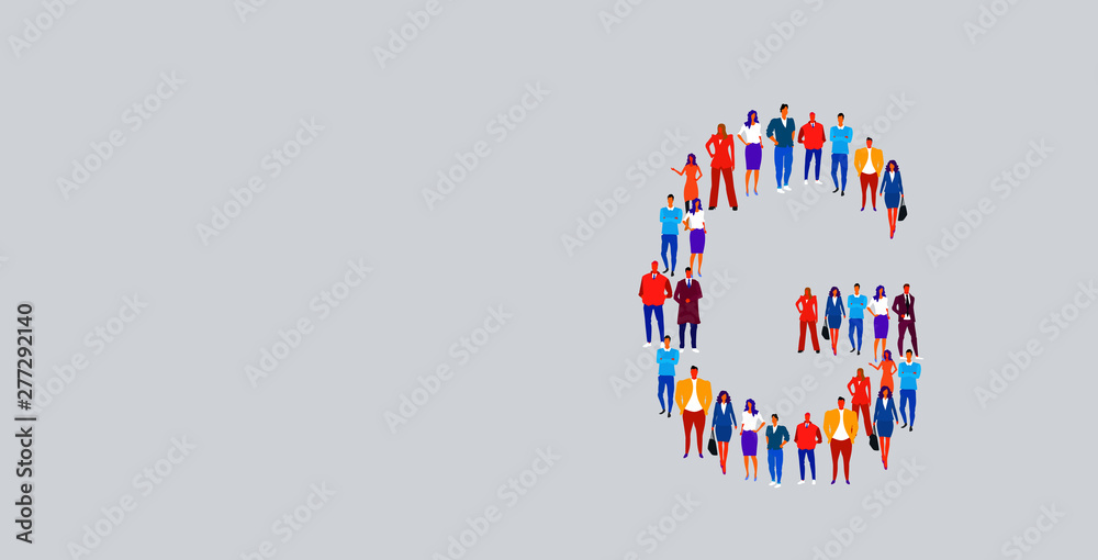 business people crowd forming shape letter G different men women businesspeople group standing together English alphabet concept full length horizontal